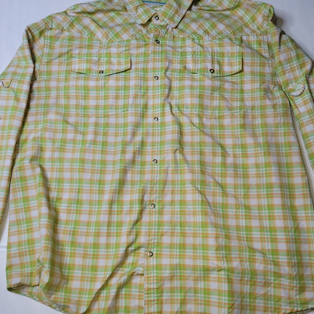Magellan Outdoors Fish Gear Plaid Fishing Shirt Green Orange 3XL MagWick Snap